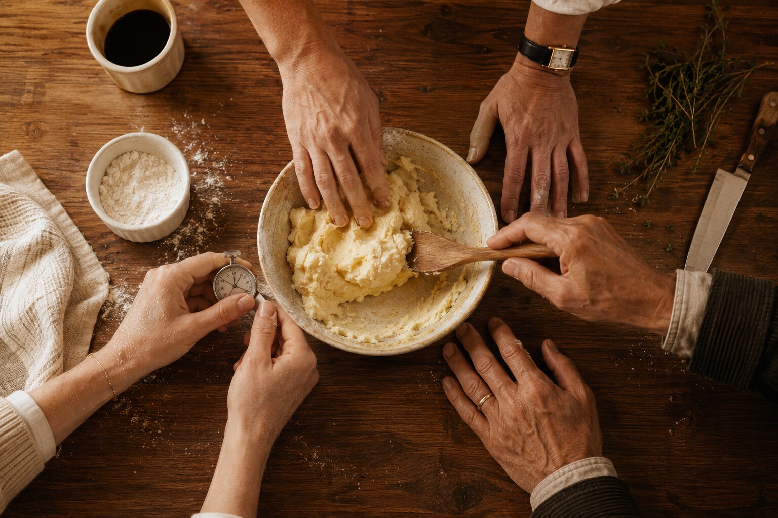 Three pairs of hands working on a kitchen counter