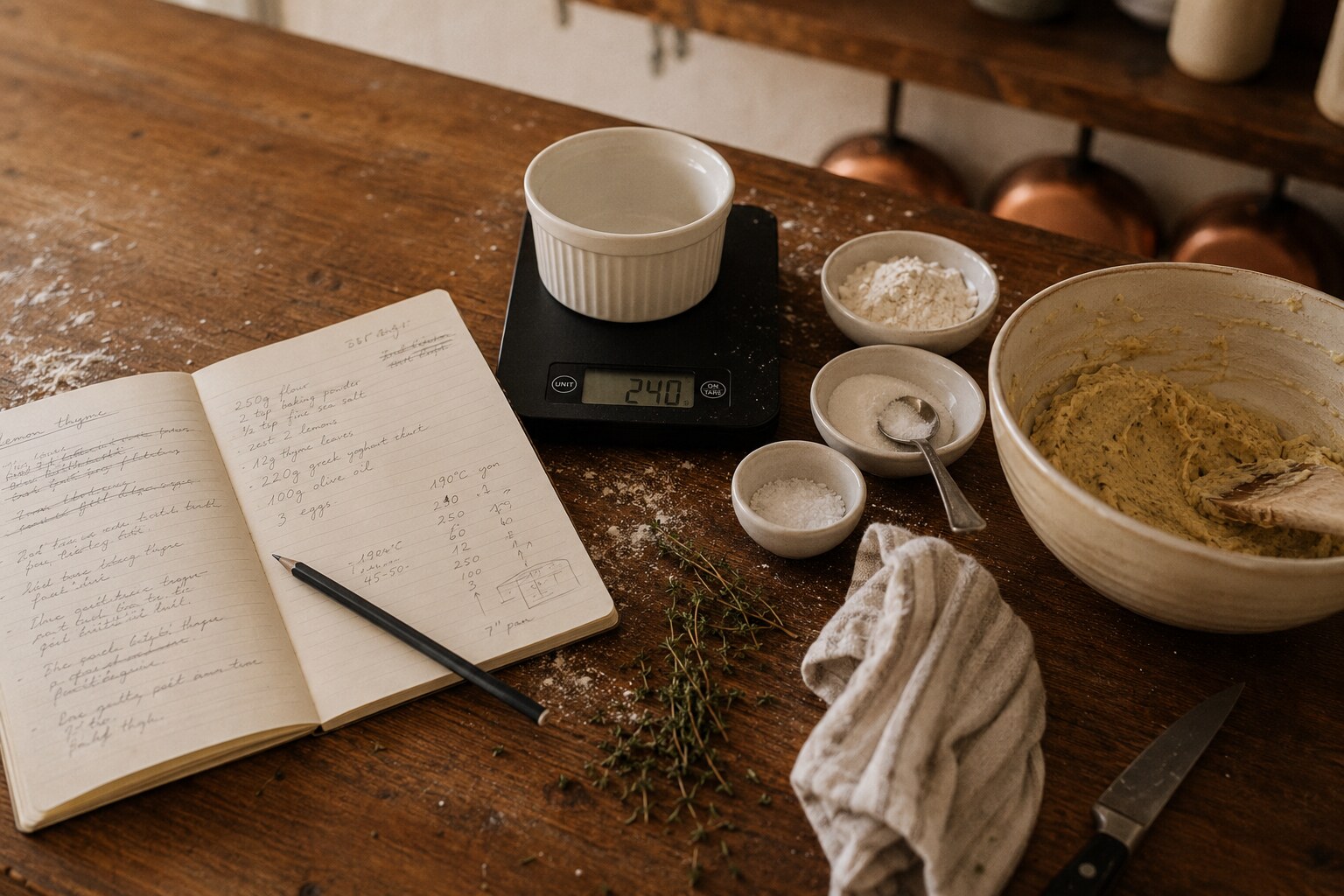 A working pastry bench mid-test: an open notebook, a kitchen scale, weighed ingredients, a half-prepared dough